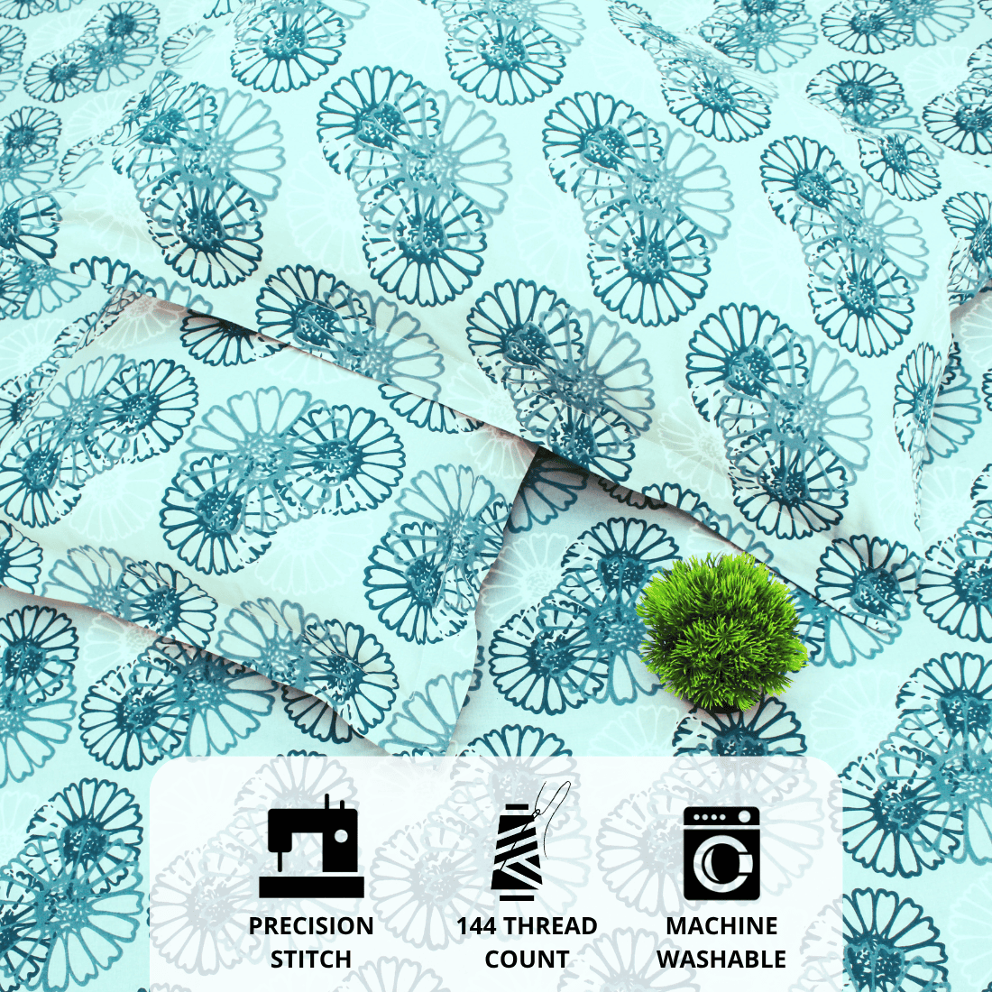 Close up Printed Floral Cotton 144 TC Fitted Bedsheet with Pillow Covers - Blue