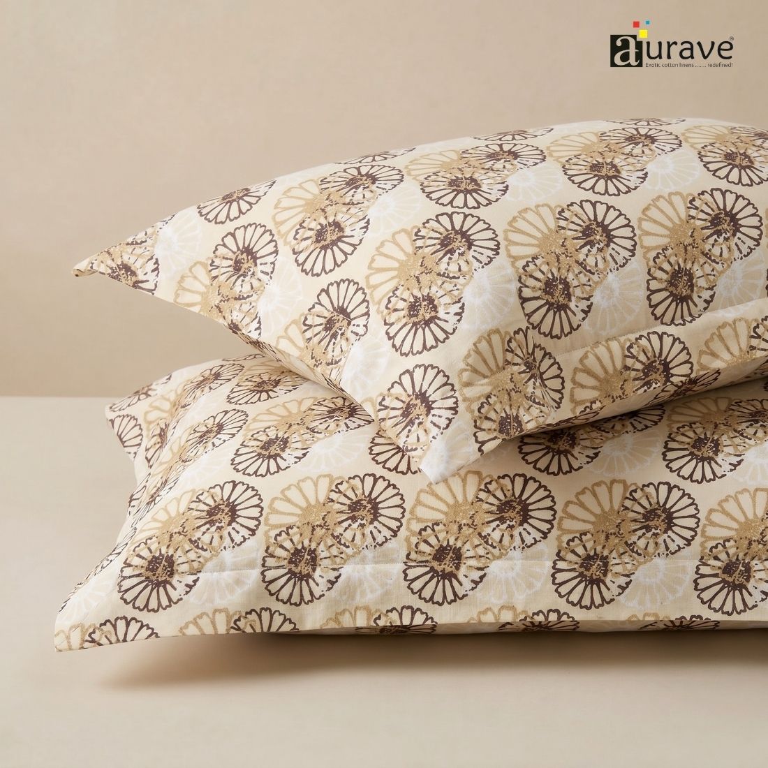 Printed Floral 2 Pcs Cotton Pillow Cover Set - Brown