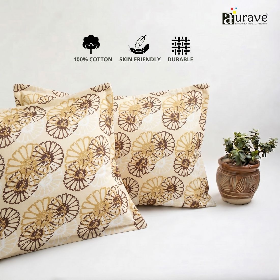 Printed Floral 2 Pcs Cotton Pillow Cover Set - Brown