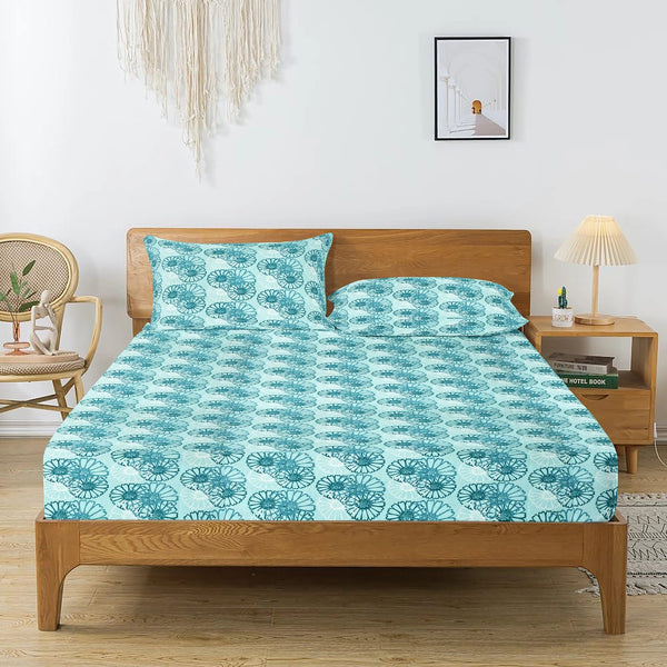 Printed Cotton Floral 144 TC Bedsheet with Pillow Covers - Blue