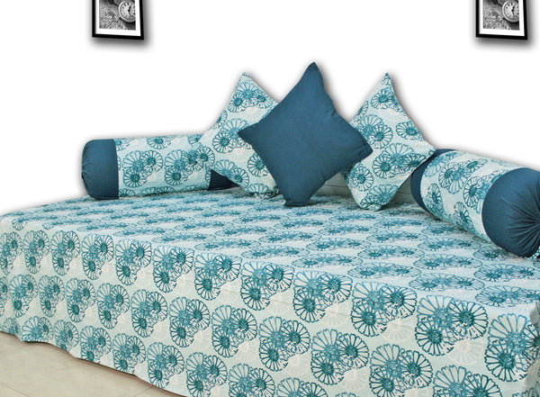 Prism Printed Floral 144 TC 6 Pcs Cotton Diwan Set - Blue