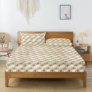 Printed Floral Cotton 144 TC Fitted Bedsheet with Pillow Covers - Brown