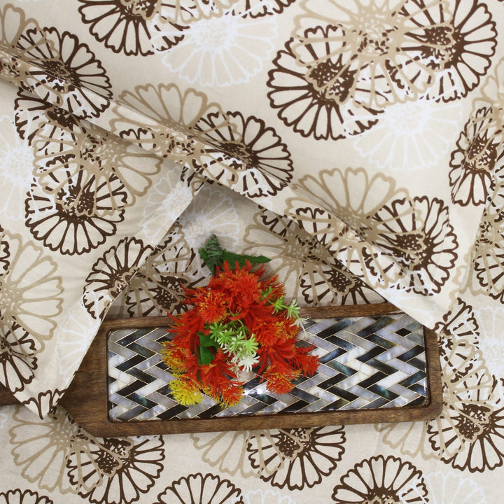 Printed Floral Cotton 144 TC Fitted Bedsheet with Pillow Covers - Brown