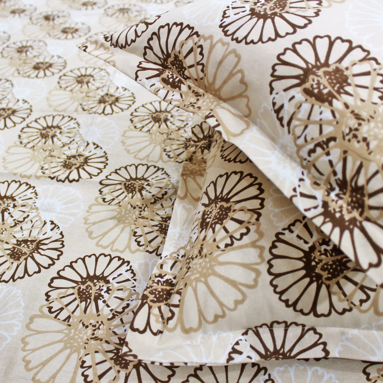 Printed Floral Cotton 144 TC Fitted Bedsheet with Pillow Covers - Brown