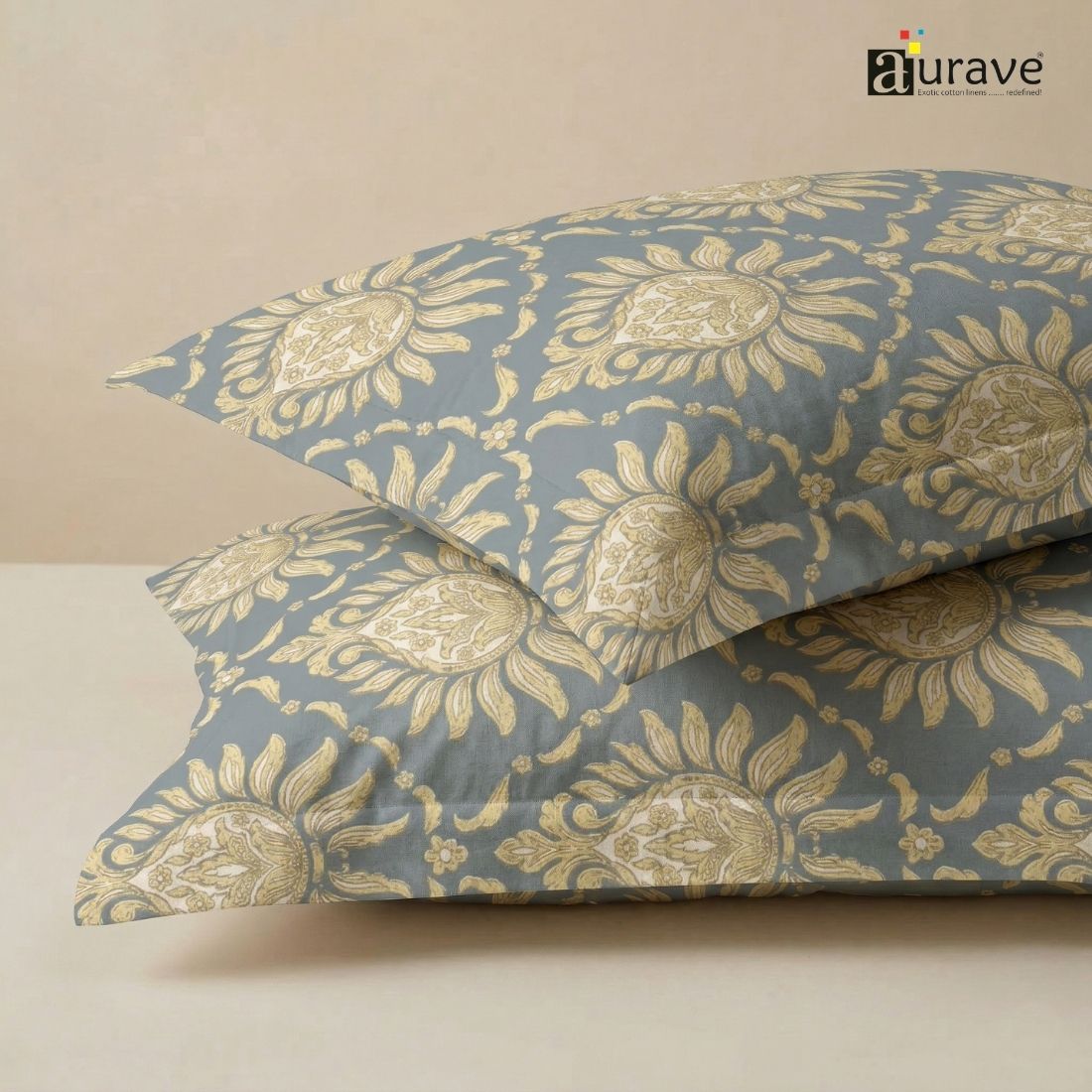 Printed Floral 2 Pcs Cotton Pillow Cover Set - Grey