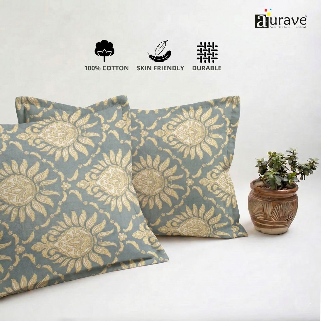 Printed Floral 2 Pcs Cotton Pillow Cover Set - Grey