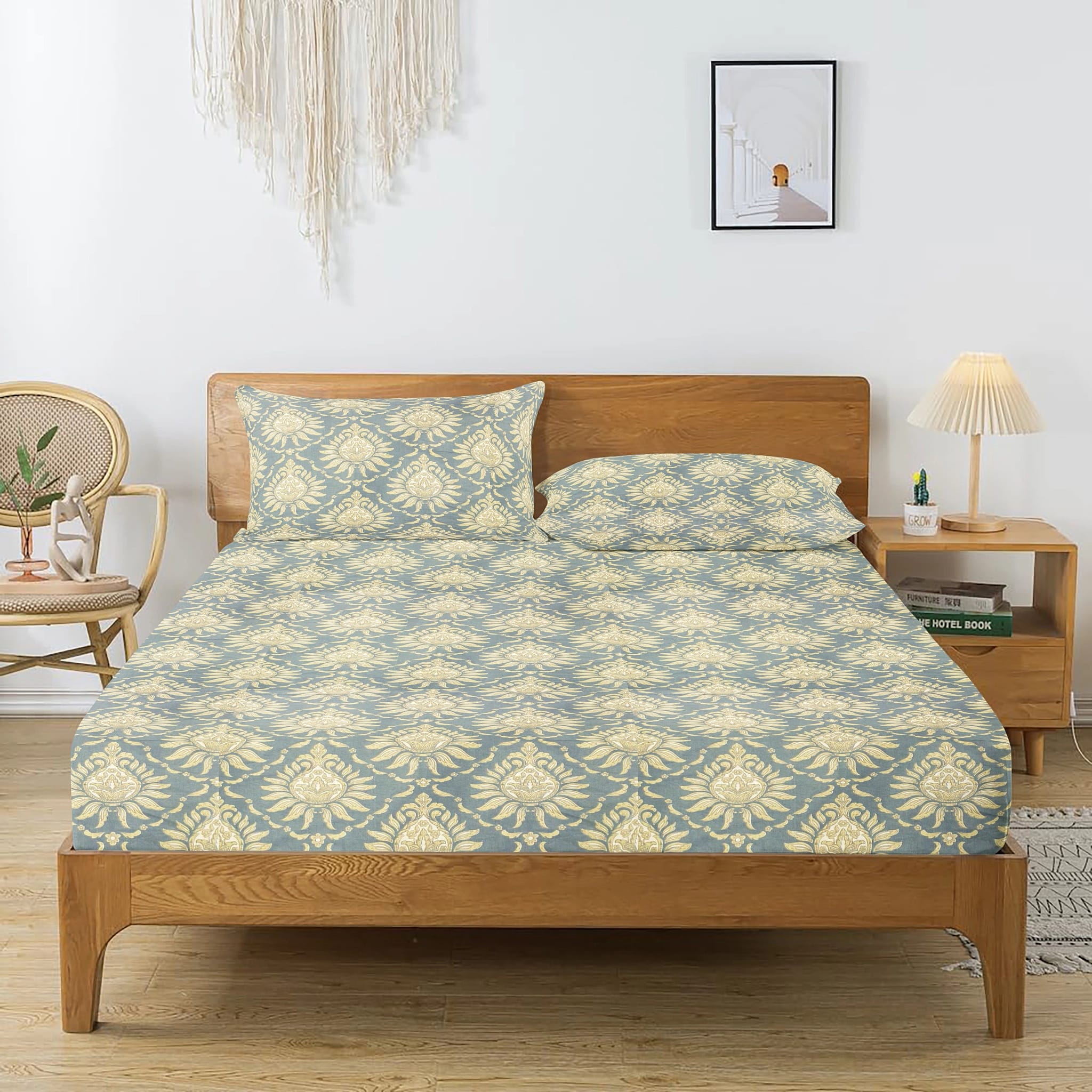 Printed Floral Cotton 144 TC Fitted Bedsheet with Pillow Covers - Grey