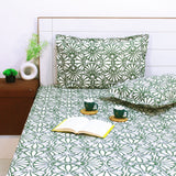 Printed Floral Cotton 144 TC Fitted Bedsheet with Pillow Covers - Green