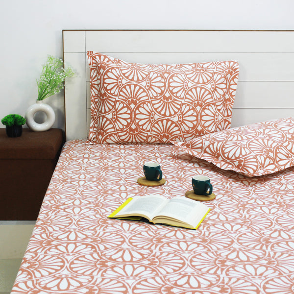 Printed Floral Cotton 144 TC Fitted Bedsheet with Pillow Covers - Peach