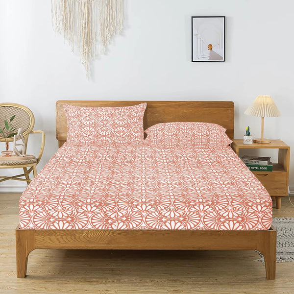 Printed Cotton Floral 144 TC Bedsheet with Pillow Covers - Peach