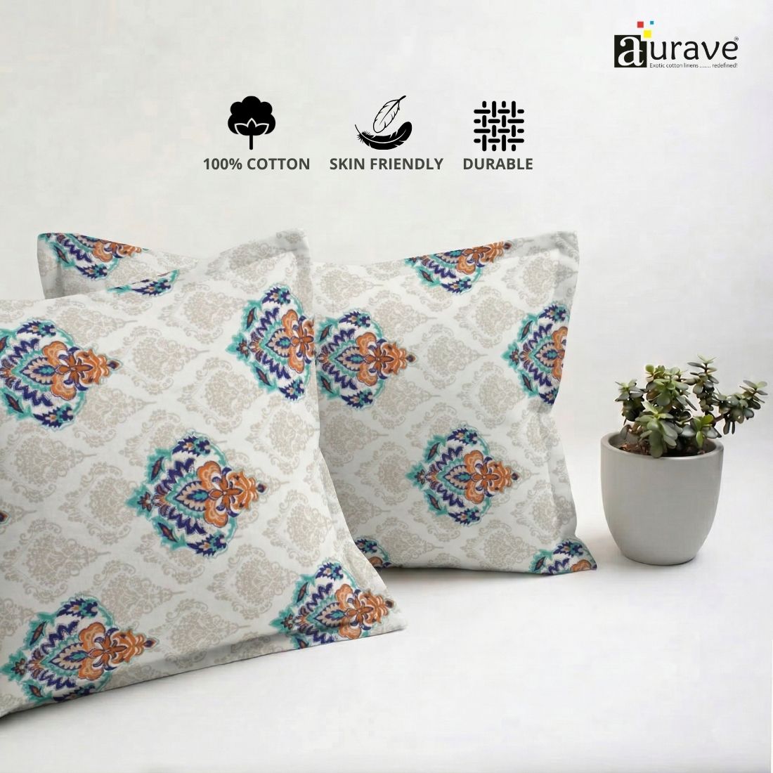 Printed Damask 2 Pcs Cotton Pillow Cover Set - Blue