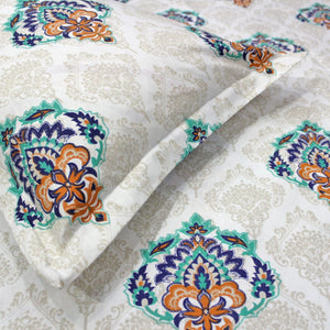 Close up Printed Damask Cotton 144 TC Fitted Bedsheet with Pillow Covers - Blue