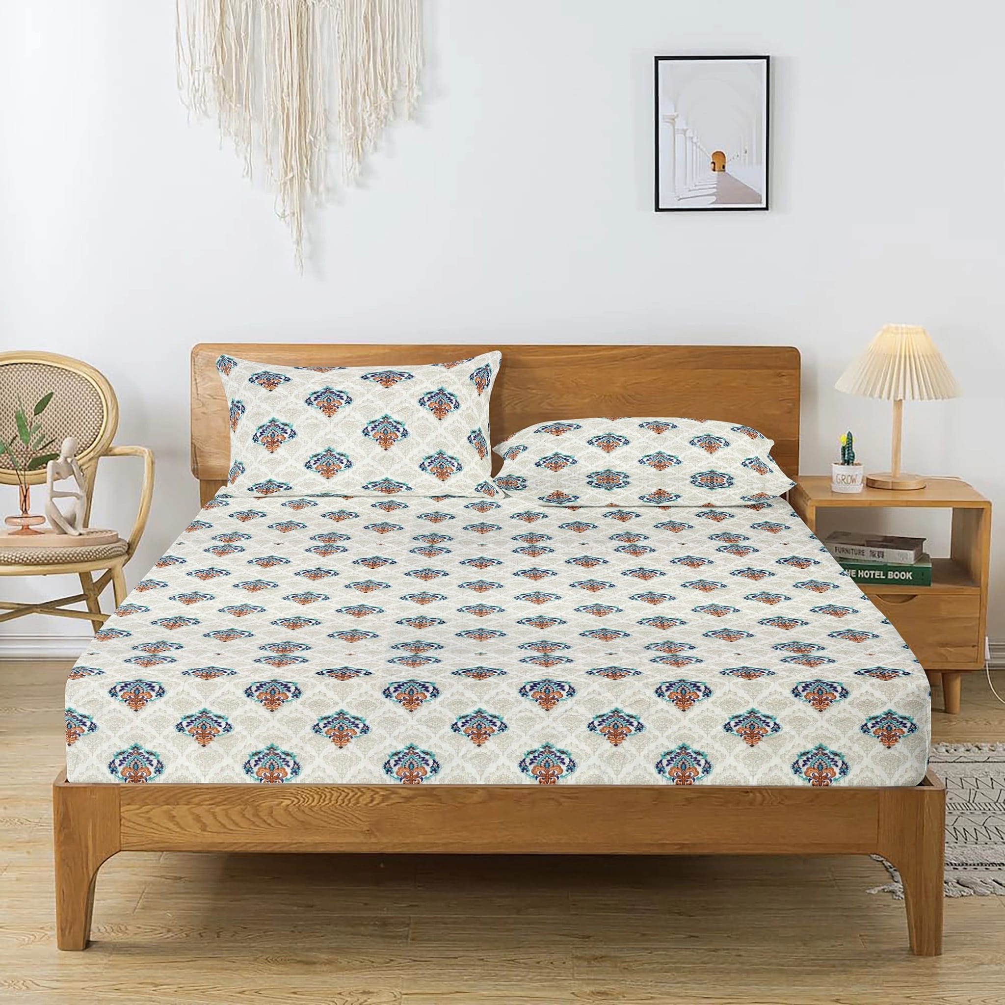 Printed Damask Cotton 144 TC Fitted Bedsheet with Pillow Covers - Blue