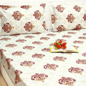 Printed Damask Cotton 144 TC Fitted Bedsheet with Pillow Covers - Maroon