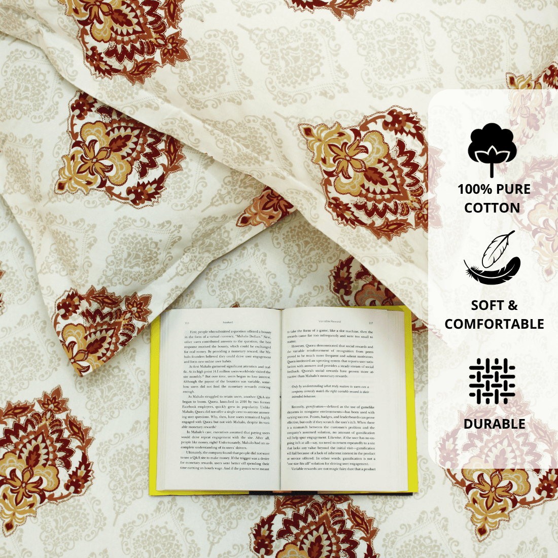 Close up Printed Damask Cotton 144 TC Fitted Bedsheet with Pillow Covers - Maroon