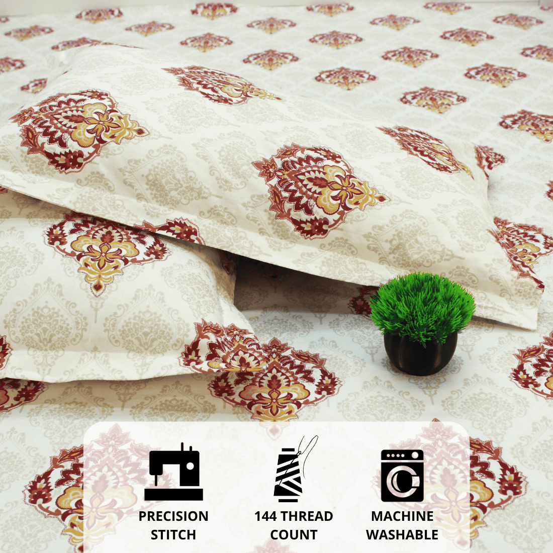 Close up[ Printed Damask Cotton 144 TC Fitted Bedsheet with Pillow Covers - Maroon