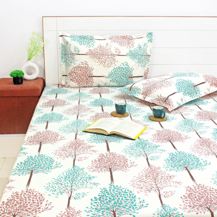 Printed Floral Cotton 144 TC Fitted Bedsheet with Pillow Covers - Multicolor