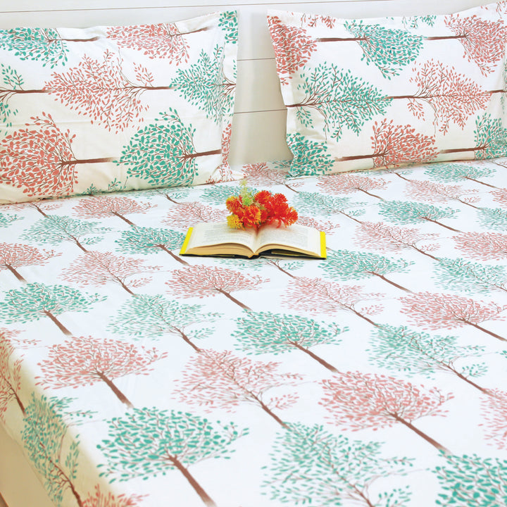 Printed Floral Cotton 144 TC Fitted Bedsheet with Pillow Covers - Multicolor