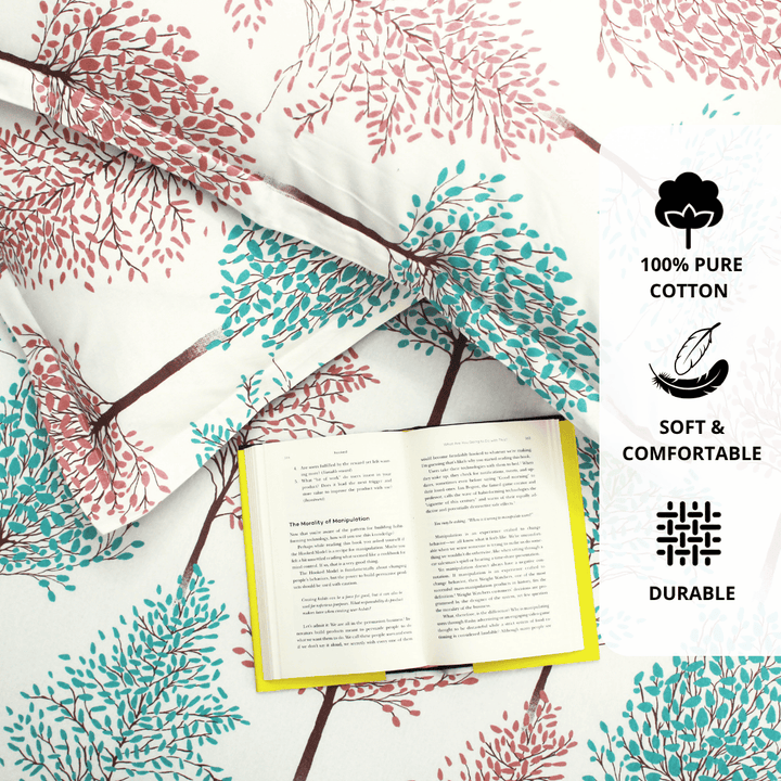 Close up Printed Floral Cotton 144 TC Fitted Bedsheet with Pillow Covers - Multicolor