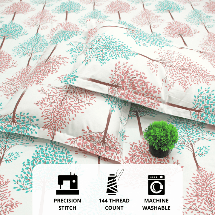 Close up Printed Floral Cotton 144 TC Fitted Bedsheet with Pillow Covers - Multicolor