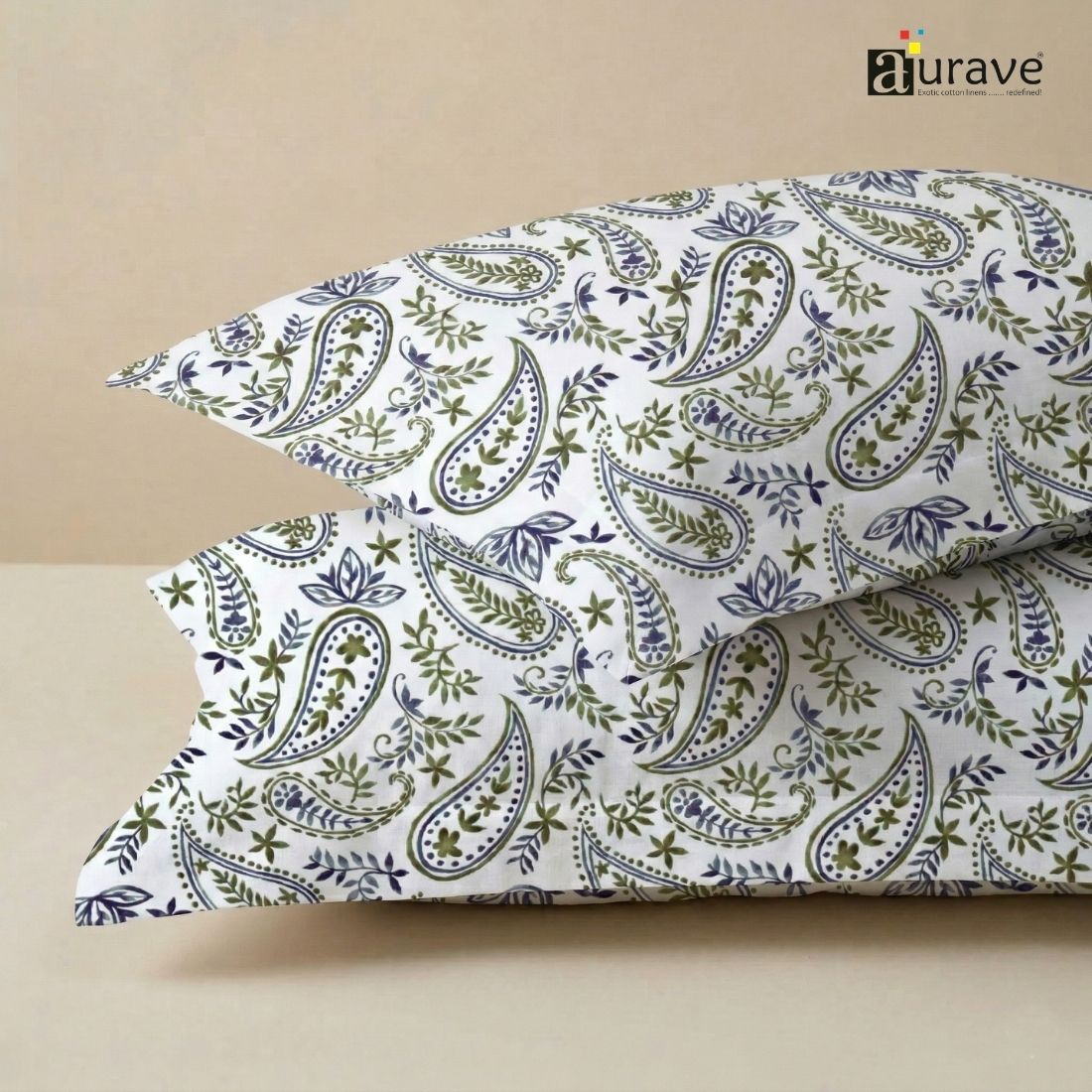 Printed Paisley 2 Pcs Cotton Pillow Cover Set - Blue
