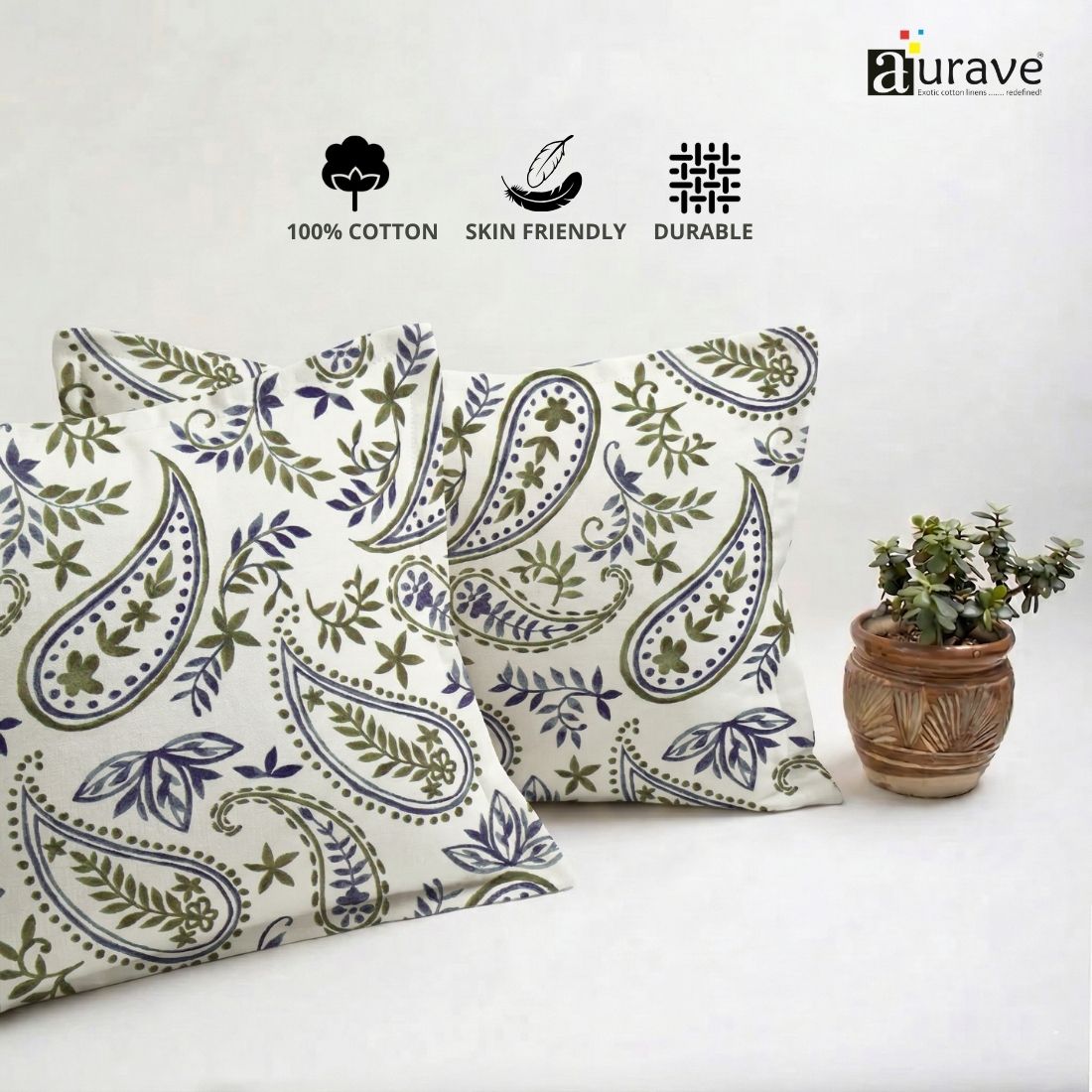 Printed Paisley 2 Pcs Cotton Pillow Cover Set - Blue