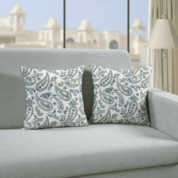 Printed Paisley Cotton Cushion Cover set - Blue