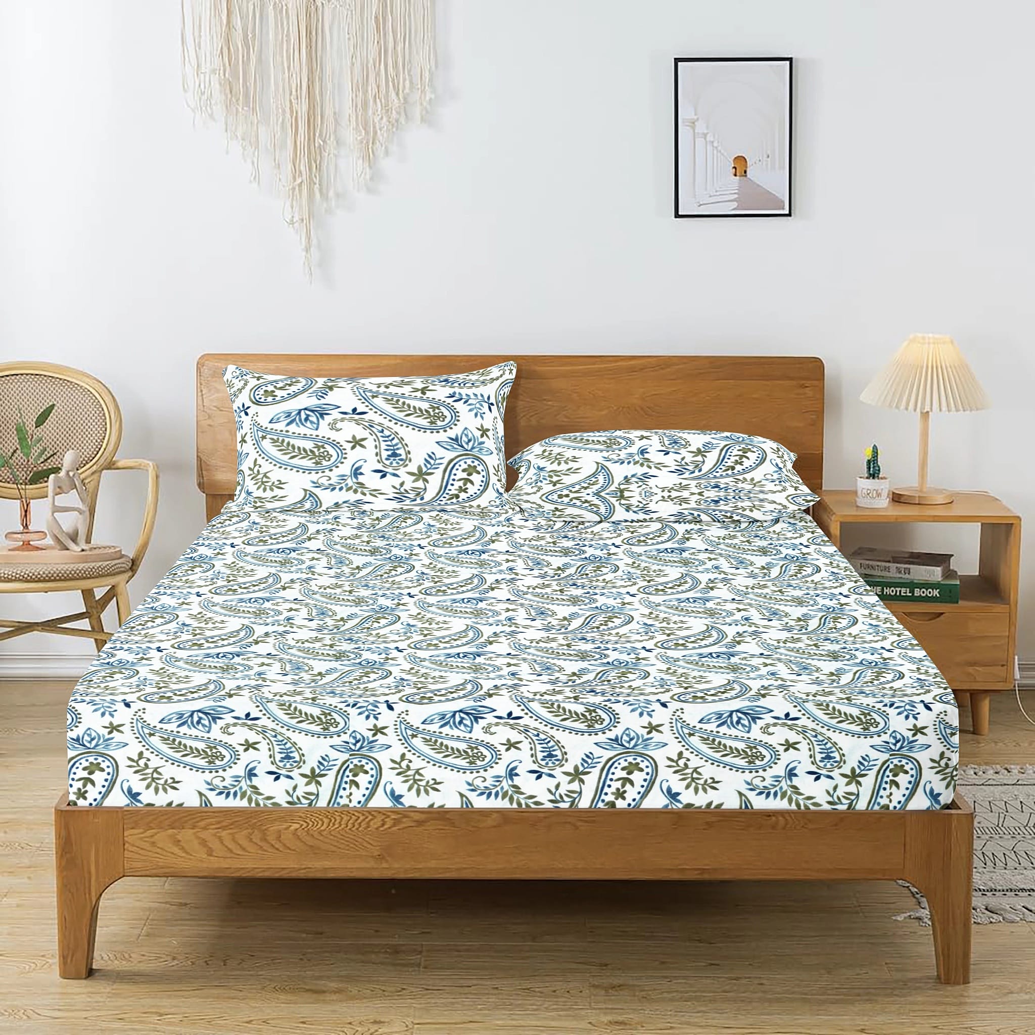 Printed Paisley Cotton 144 TC Fitted Bedsheet with Pillow Covers - Blue