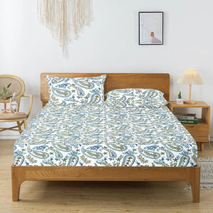 Printed Paisley Cotton 144 TC Fitted Bedsheet with Pillow Covers - Blue
