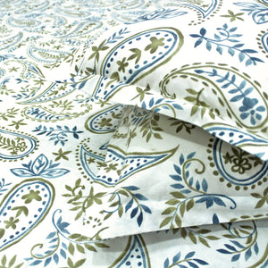 Close up view Printed Paisley Cotton 144 TC Fitted Bedsheet with Pillow Covers - Blue