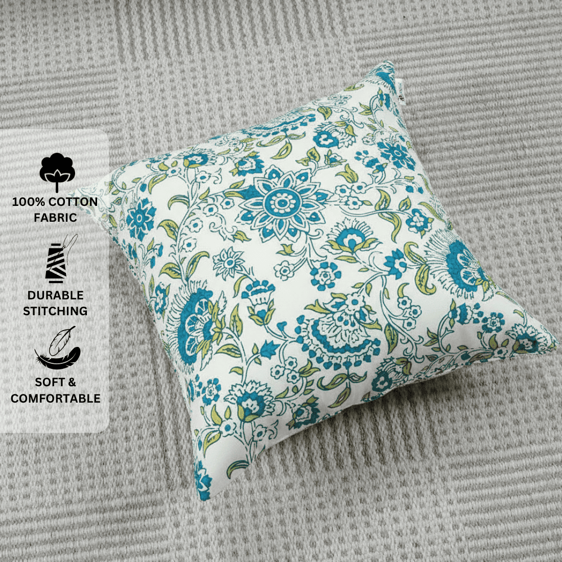 Printed Floral Cotton Cushion Cover set - Blue