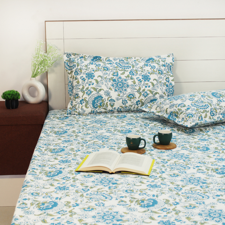 Printed Floral Cotton 144 TC Fitted Bedsheet with Pillow Covers - Blue