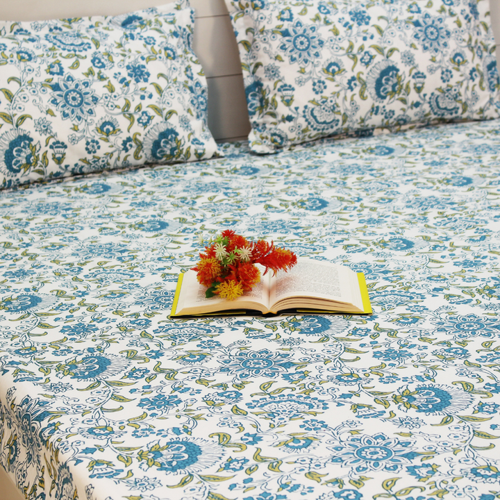 Printed Floral Cotton 144 TC Fitted Bedsheet with Pillow Covers - Blue