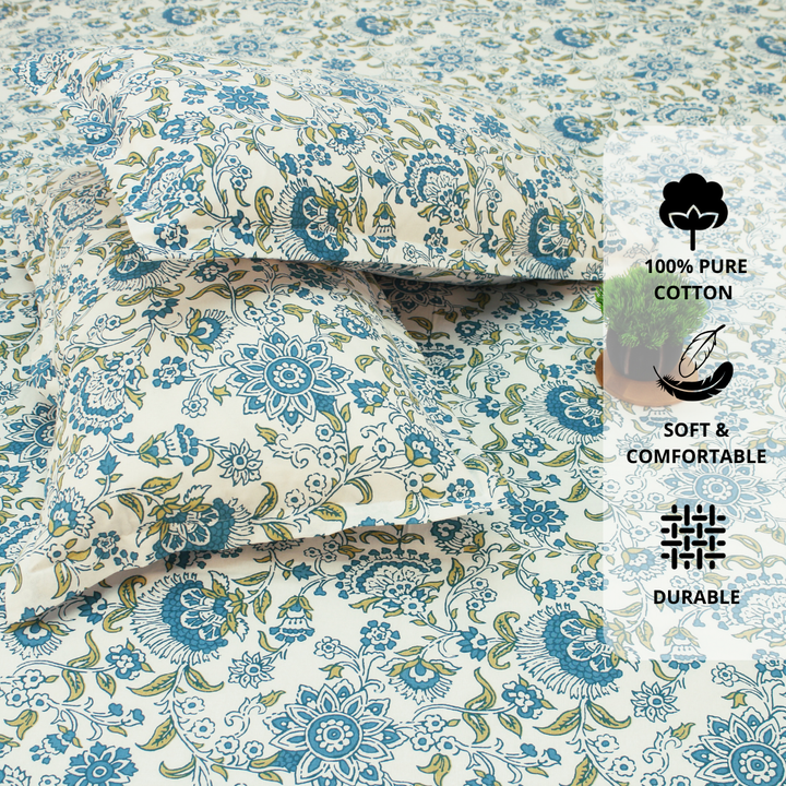 Close up Printed Floral Cotton 144 TC Fitted Bedsheet with Pillow Covers - Blue 