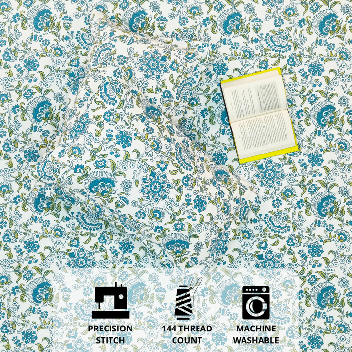 Printed Floral Cotton 144 TC Fitted Bedsheet with Pillow Covers - Blue