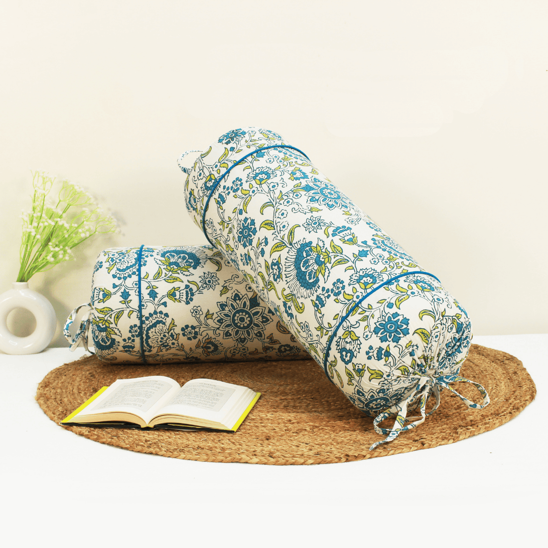 Printed Floral Cotton 2 Pcs Bolster Cover set - Blue