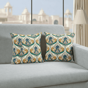 geometric pattern on a gray sofa in a room with large windows.