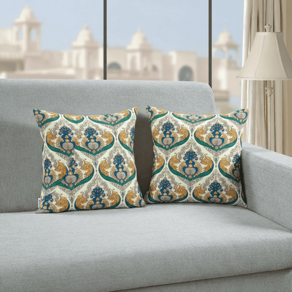 geometric pattern on a gray sofa in a room with large windows.