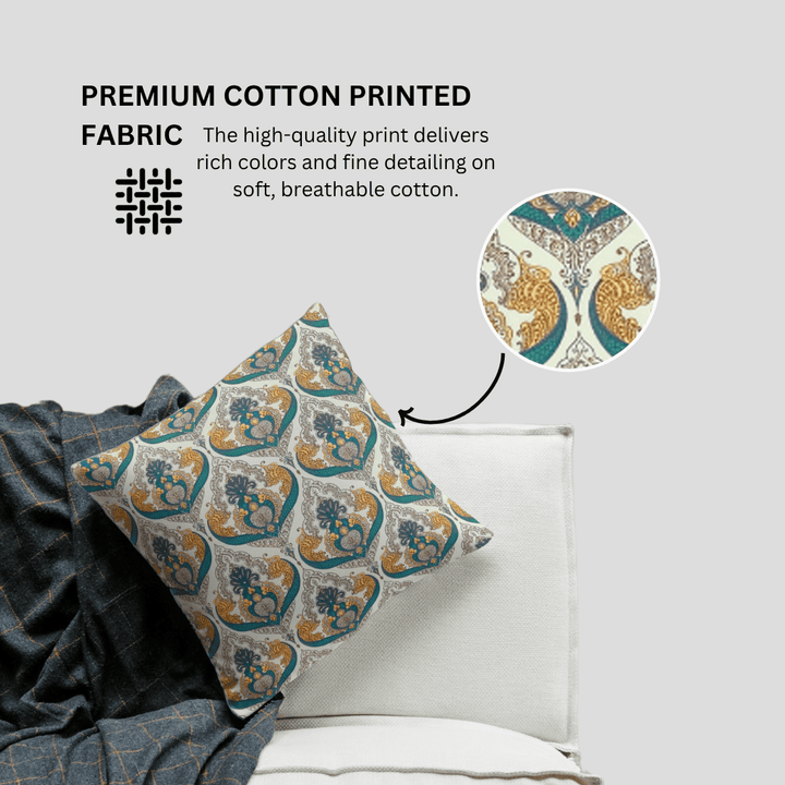 cushion cover with intricate pattern on a bed, featuring premium cotton printed fabric.
