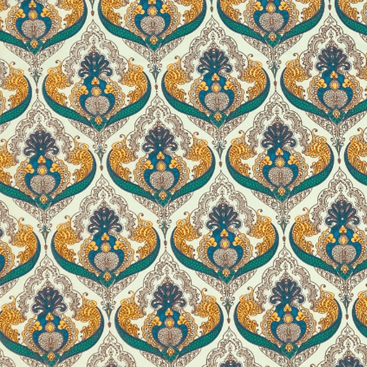 Decorative pattern with blue, gold, and brown elements on a beige background