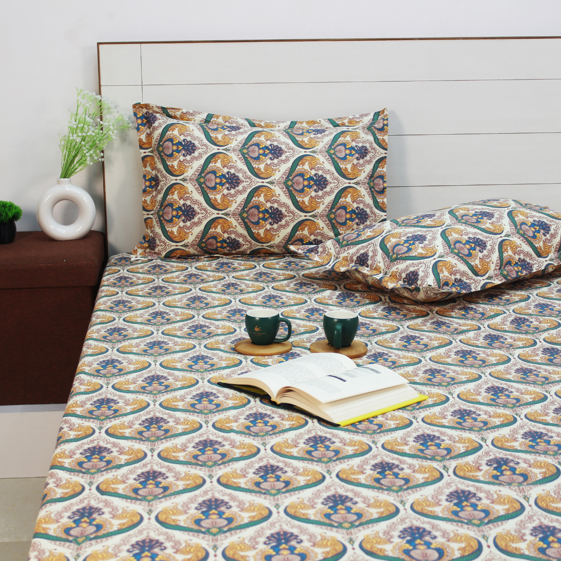 Printed Floral Cotton 144 TC Fitted Bedsheet with Pillow Covers - Mustard