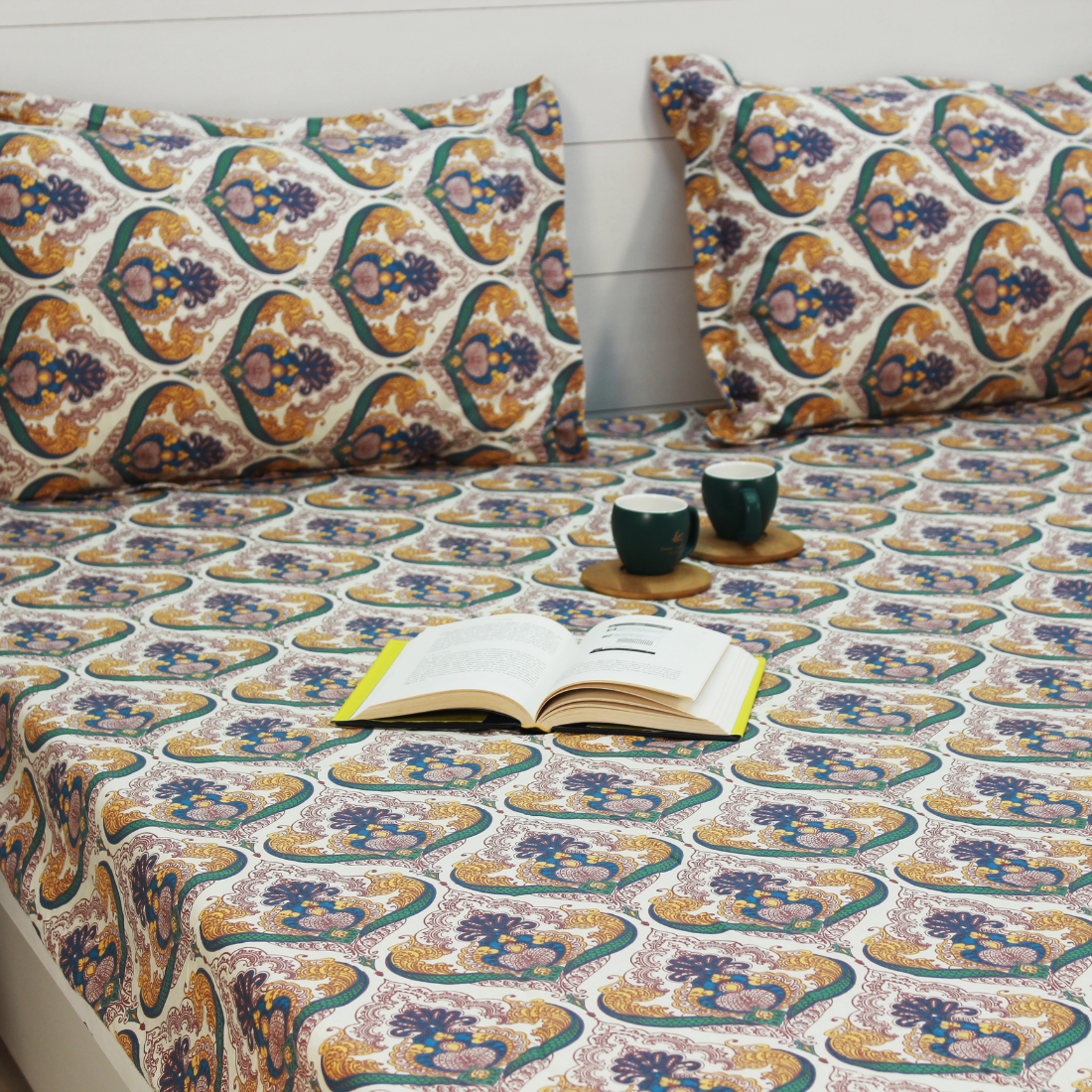 Printed Floral Cotton 144 TC Fitted Bedsheet with Pillow Covers - Mustard