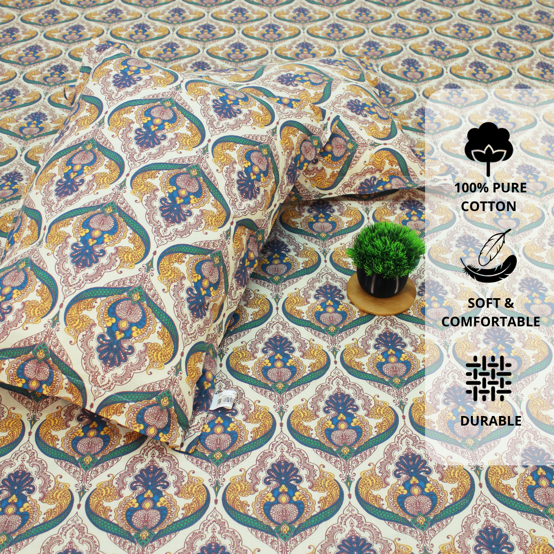 Close up Printed Floral Cotton 144 TC Fitted Bedsheet with Pillow Covers - Mustard