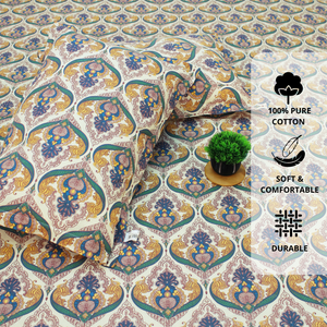 Close up Printed Floral Cotton 144 TC Fitted Bedsheet with Pillow Covers - Mustard