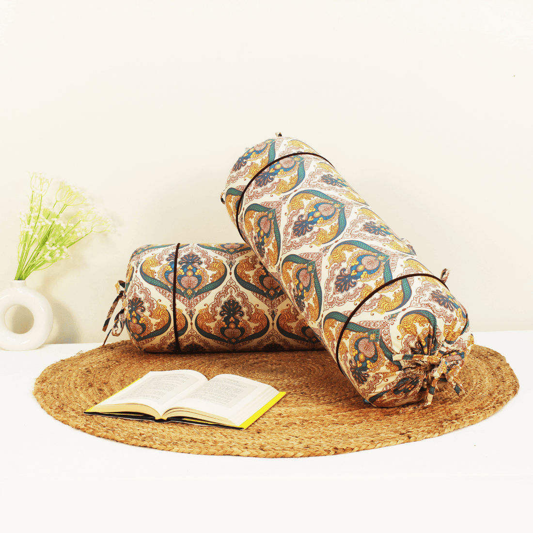 Printed Floral Cotton 2 Pcs Bolster Cover set - Mustard