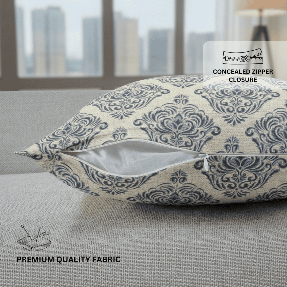 Decorative pillow with pattern on a couch, featuring text about concealed zipper closure and premium quality fabric.