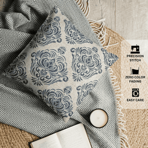 Decorative pillow with intricate pattern on a textured surface, featuring icons for precision stitch, zero color fading, and easy care.