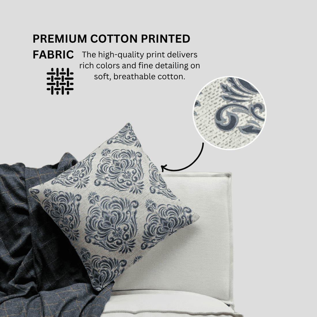 Decorative pillow with floral pattern on a bed, featuring premium cotton printed fabric.