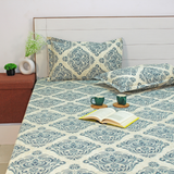 Printed Floral Cotton 144 TC Fitted Bedsheet with Pillow Covers - Grey