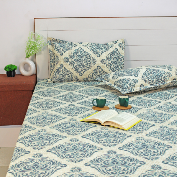 Printed Floral Cotton 144 TC Fitted Bedsheet with Pillow Covers - Grey